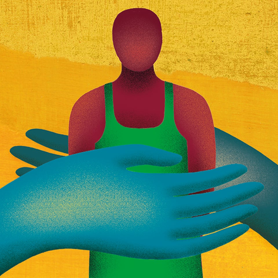 illustration of two hands wrapped around a grocery store worker: Illustration by Anna Godeassi