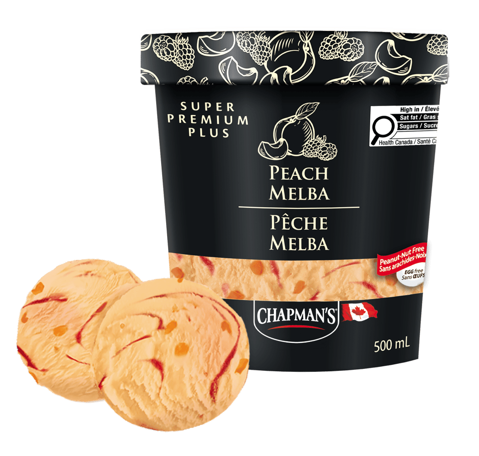 A tub of Chapman's Super Premium Plus Peach Melba 