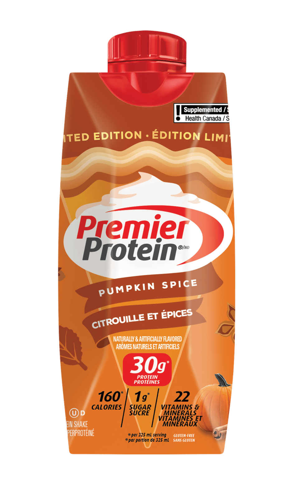 A carton of Premier Protein Pumpkin Spice High Protein Shake