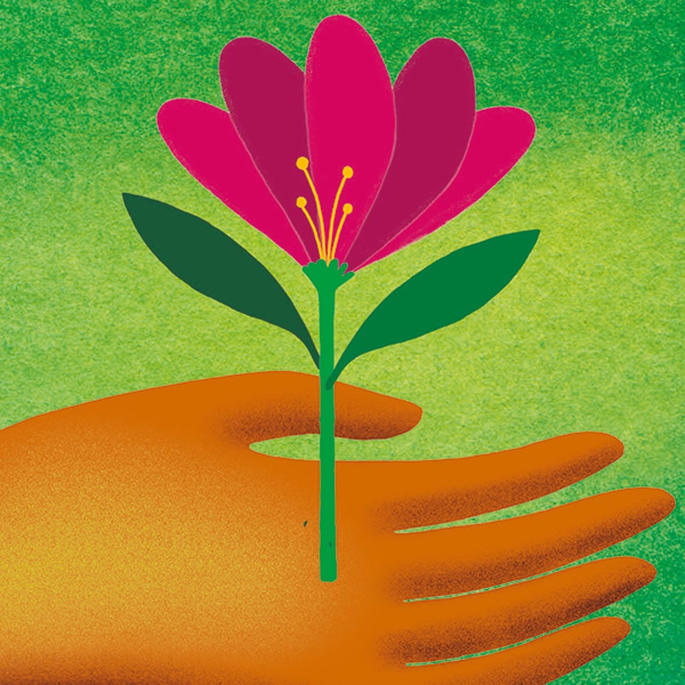 Illustration of a hand holding a pink flower