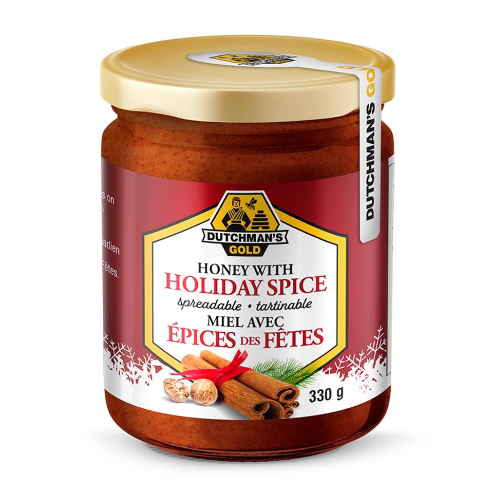 A jar of Limited-Edition Dutchman’s Gold Honey with Holiday Spice 