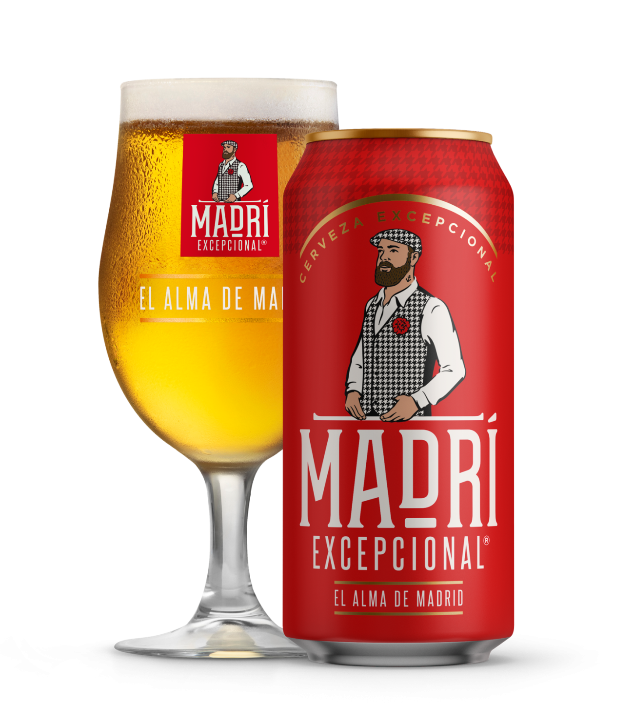 A can of Madrí Excepcional Lager sitting next to a glass of lager