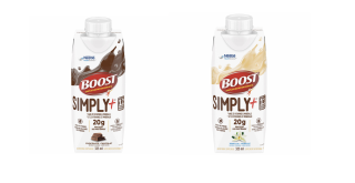Boost Simply+ tetra packs in chocolate and vanilla