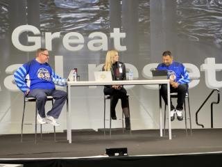 Walmart's Whitney Cooper appears at C360 during a live podcast interview by The CPG Guys: Sri Rajagopalan (right) and Peter V.S. Bond.