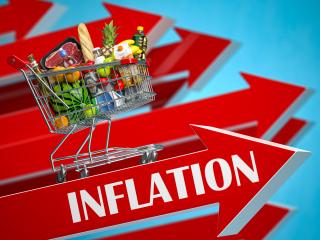 Inflation, growth of market basket or consumer price index concept. Shopping basket with foods on arrow. 3d illustration