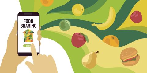 Vector illustration of share meal, waste reduction smartphone app