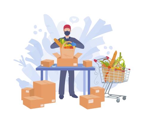 A grocery store employee wearing a mask and gloves puts together purchases for delivery