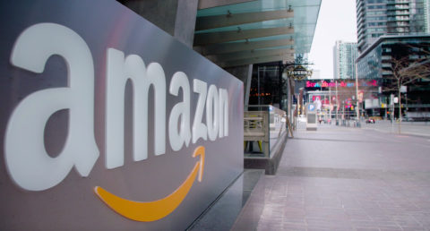 Street view of the Amazon sign outside its Toronto headquarters