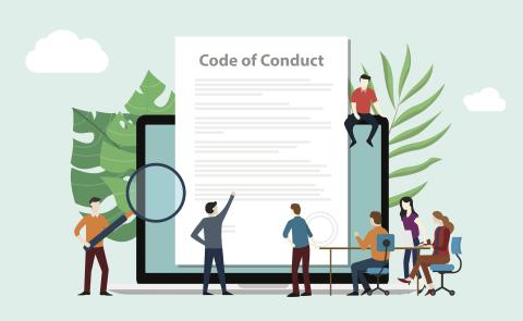 Vector illustration of code of conduct team people work together on paper document on laptop screen