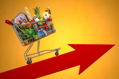 nflation, growth of food sales, growth of market basket or consumer price index concept. Shopping basket with foods on arrow. 3d illustration