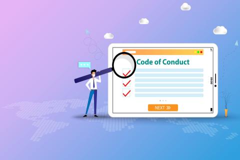 Business concept of code of conduct, business man hold a big magnifier and standing near a big tablet that the display contain code of conduct list to read and understand in pink blue color background