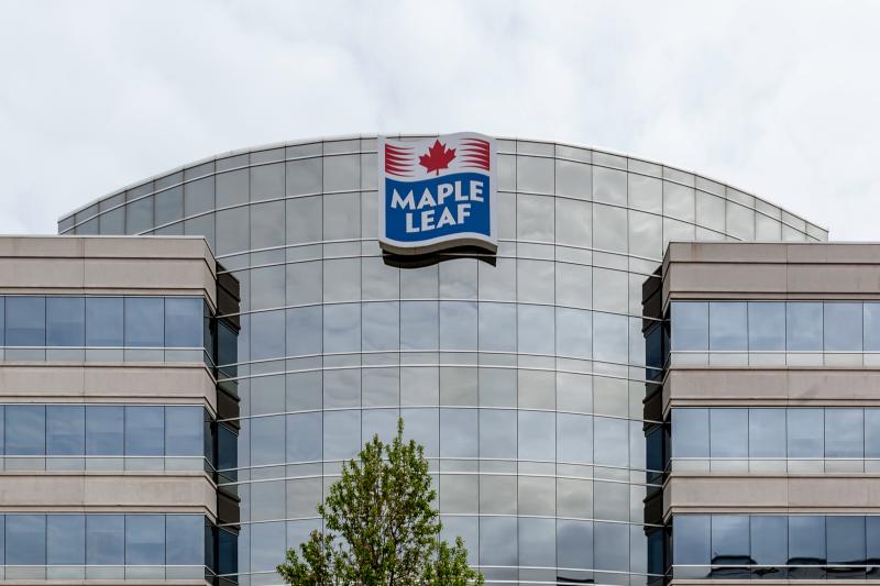 Maple Leaf sign on the building in Mississauga. Maple Leaf Foods Inc. is a major Canadian consumer packaged meats company