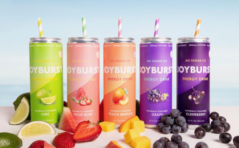 Lineup of Joyburst naturally caffeinated energy drinks 