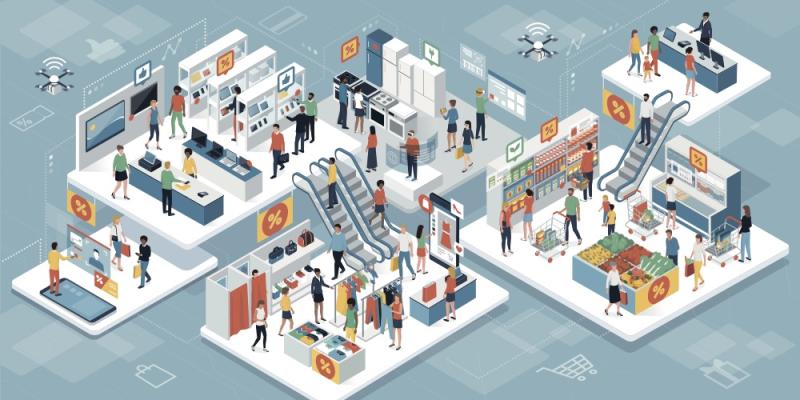 Happy people shopping together at the supermarket and buying products: augmented reality and clearance sales concept