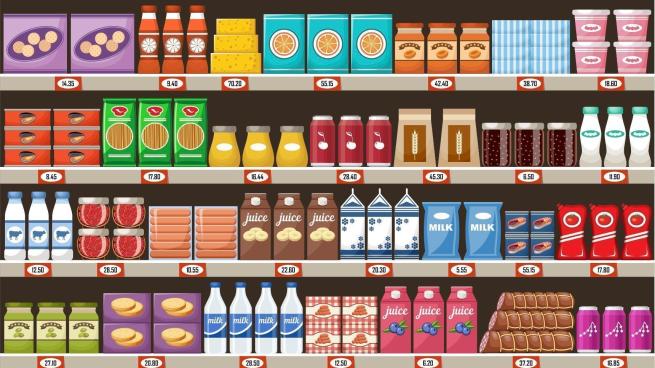 Illustration of products on a grocery store shelf