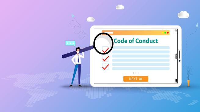 Business concept of code of conduct, business man hold a big magnifier and standing near a big tablet that the display contain code of conduct list to read and understand in pink blue color background