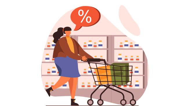 illustration of woman shopping for discounted groceries