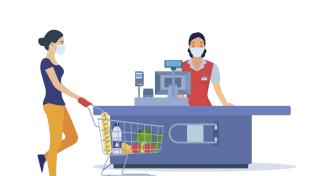 Vector illustration of a female grocery shopper and a female cashier