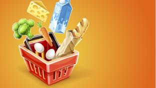 Shopping basket. Organic food sale concept. Goods products falling down into red basket. Milk package, cheese, vegetables broccoli cabbage and carrot, bread baguette in paper packaging, eggs.