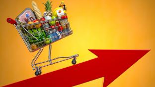 Illustration of a shopping cart full of food riding an upwards arrow